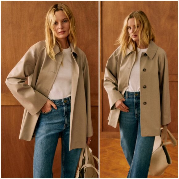 Sezane Carter Jacket size 46 14 XL XXL light beige short trench coat Parisian - Picture 4 of 11